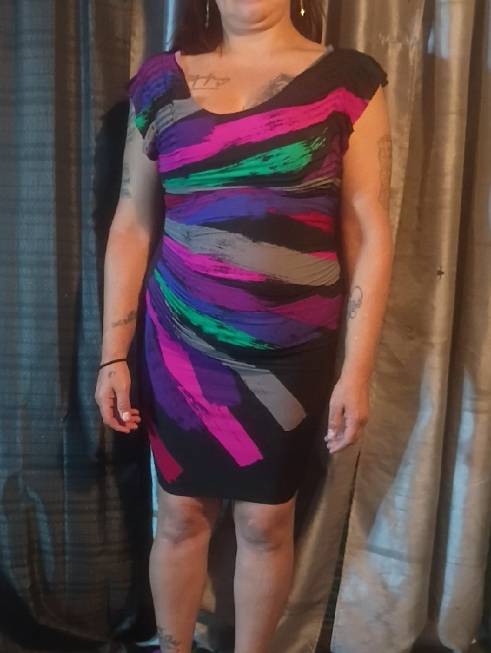 Rampage Black Midi Dress with Pink, Green, Purple & Gray Brushstrokes